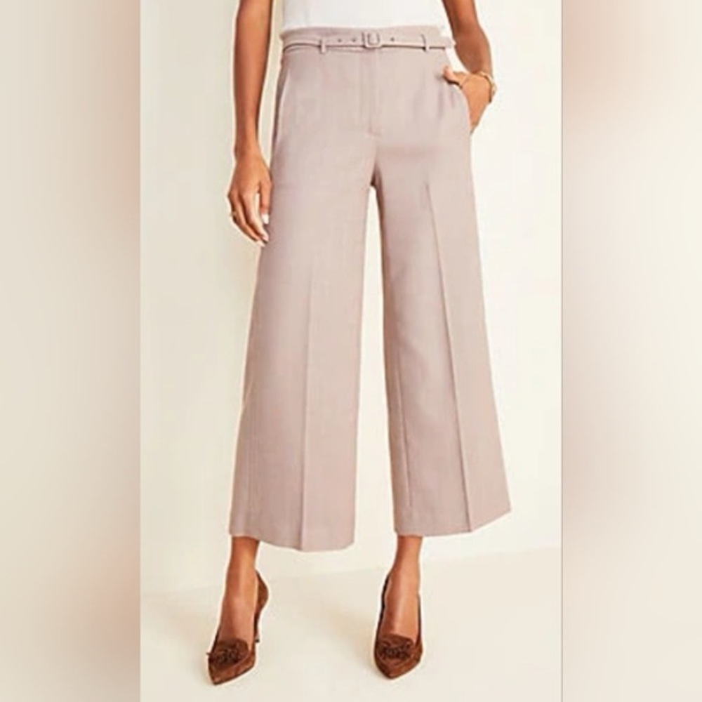 NWT Ann Taylor Tan Beige Belted Wide Leg Marina Pant, Size 14